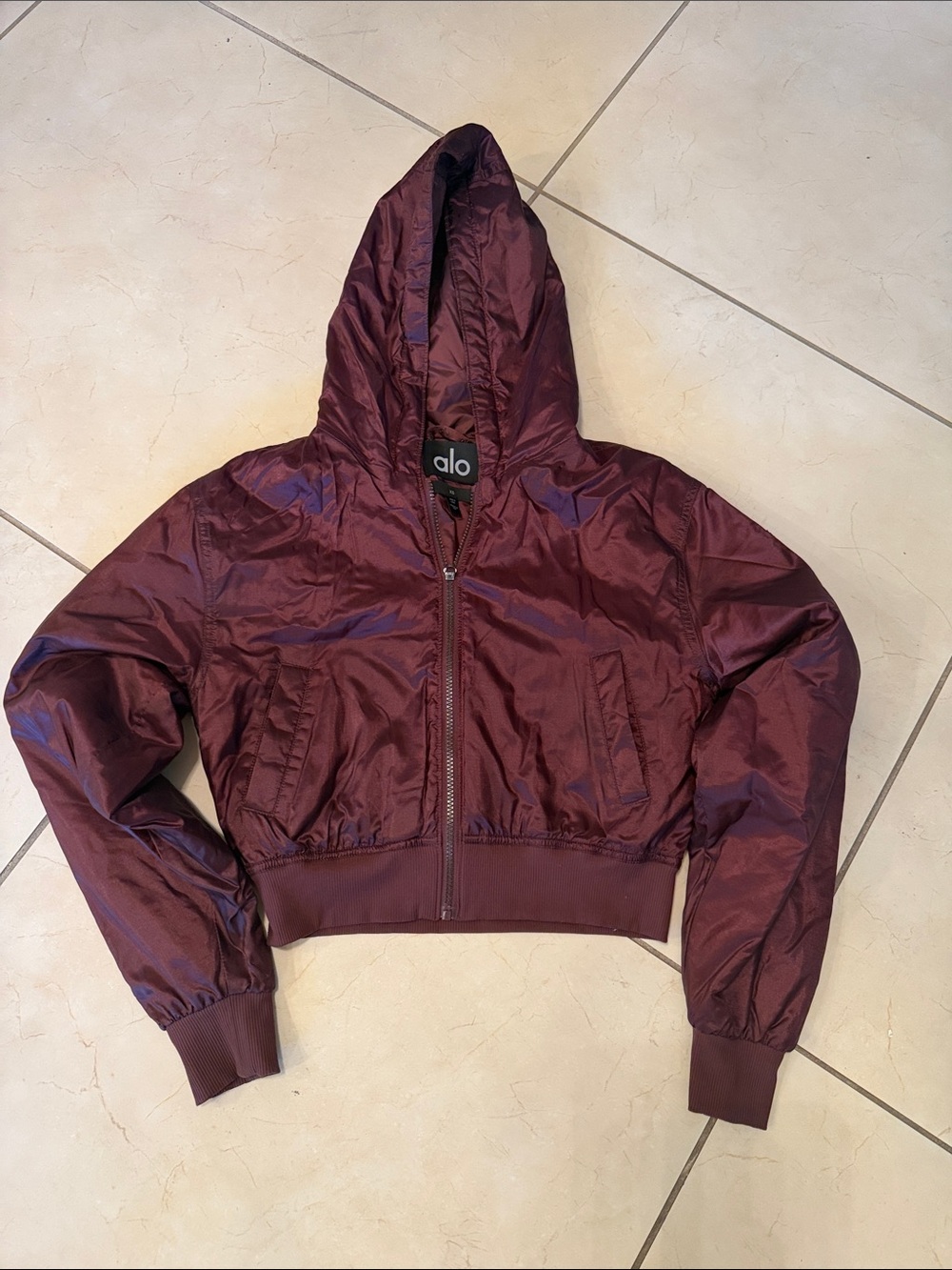 ALO Yoga Hooded Cropped Bomber Jacket in Burgundy